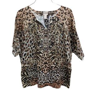 Chicos Womens Top Size Medium Gold Splatter Animal Print Mixed Media Split Neck